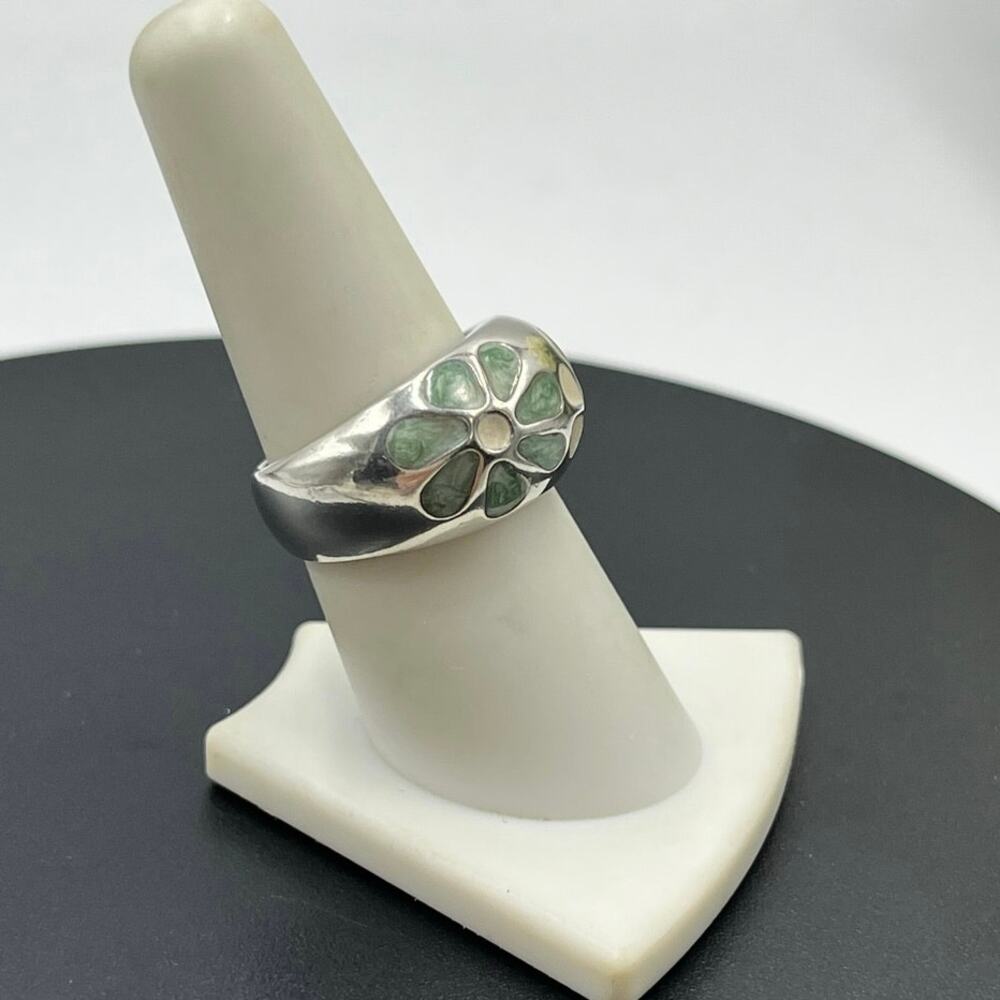 Chateau D'Argent C^A Sterling‎ Green Cream Enamel Petal Flower Dome Ring sz 8.25